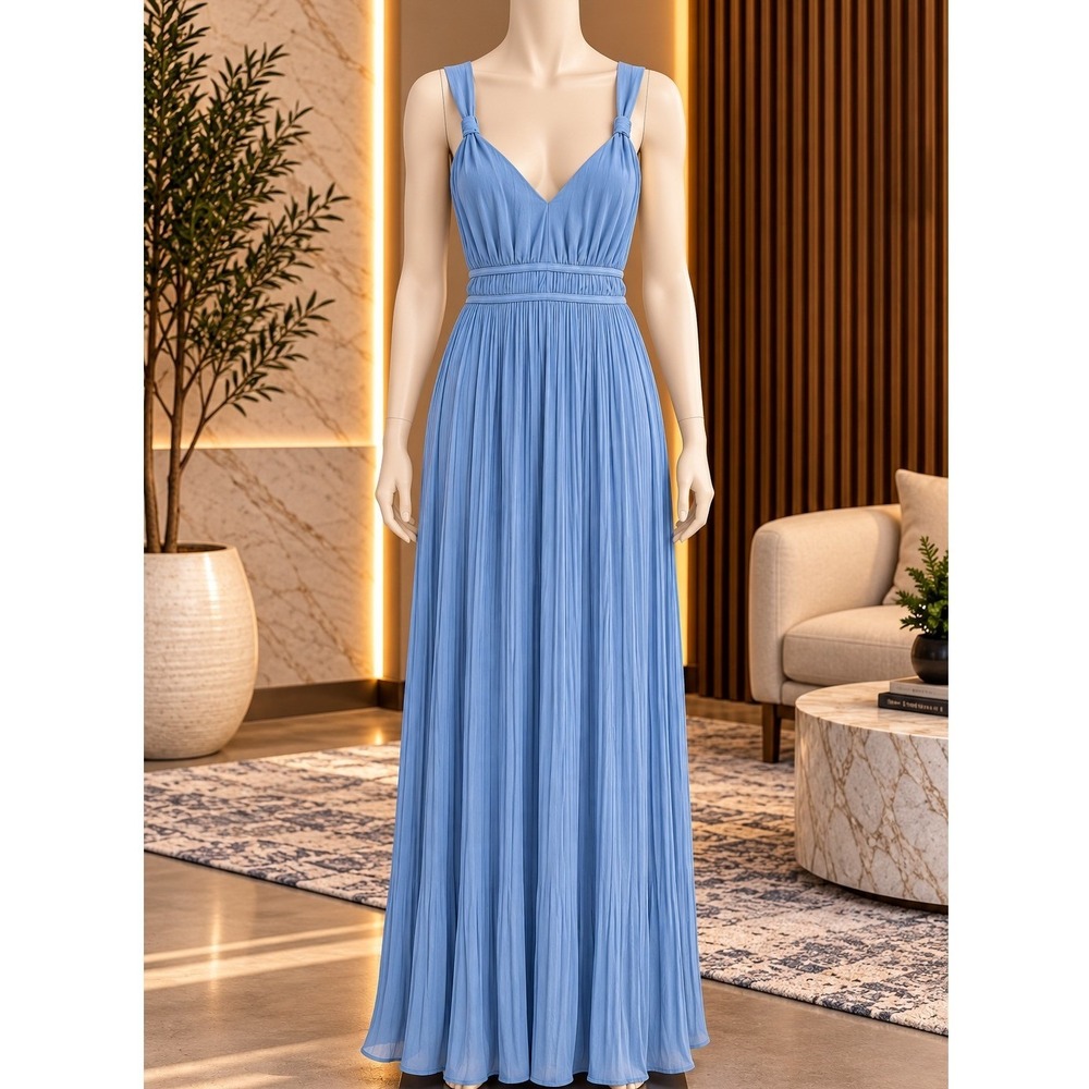 OYROSY Women Dress Blue Pleated Sleeveless Maxi Small